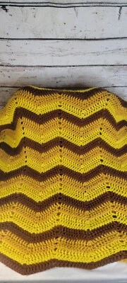 Vintage 70s Hand Knit Crochet Blanket Psychedelic W42xL52 Brown Yellow Orange - Image 1 of 2