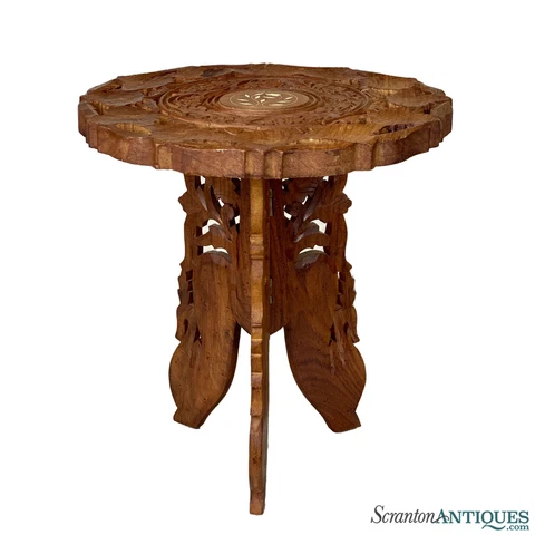 Vintage Indian Walnut Carved Round Inlay Folding Plant Stand Table Cover