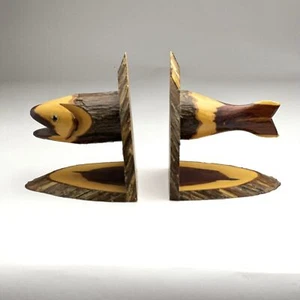 Hand Carved Wood Salmon Fish Bookends - Picture 1 of 4