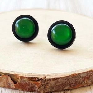 Natural Black Wood Green Glass Earrings Studs, Stainless Steel Earrings, Boho Ea - Picture 1 of 11