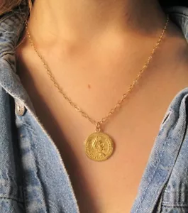 Antiguo estilo romano moneda 14k chapado en oro colgante collar griego redondo nuevo - Imagen 1 de 9