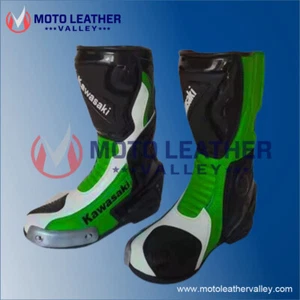 Mens Kawasaki Leather Long CE Motorbike Motorcycle Racing Sports Shoes Boots - Picture 1 of 1