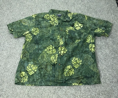 Vtg Lands End Shirt Mens 2XL Green Leaf Print Hawaiian Aloha Button Up Tribal - Image 1 of 4