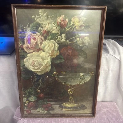 Antigua impresión litográfica copa de Cupido Jean-Baptiste Robie flores enmarcadas FS Foto 1 de 4