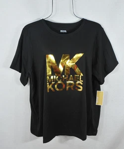 Michael Kors Damen Bluse 3X Schwarz Goldton MK Logo Rundhals Übergröße Top Neu mit Etikett - Bild 1 von 11