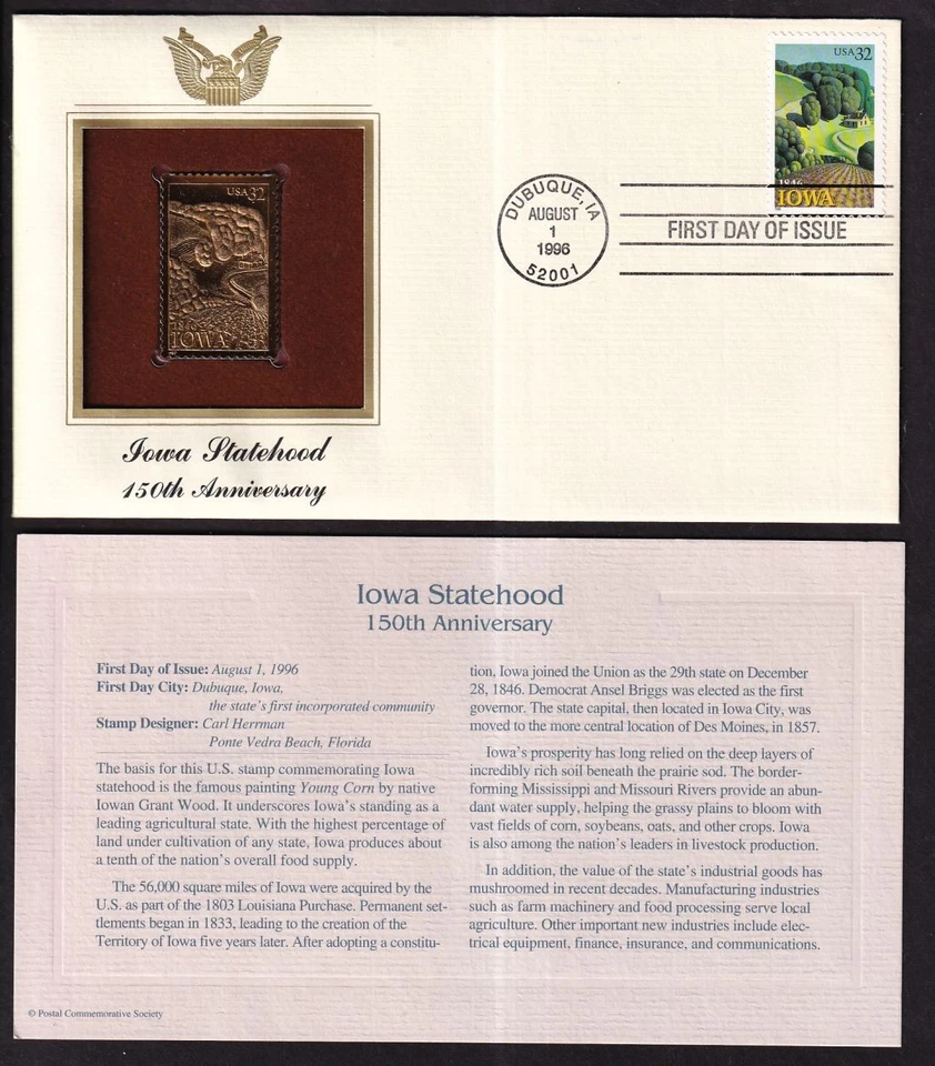 1996 Iowa Statehood Sc 3088 FDC PCS Gold cachet statehood sesquicentennial - Image 1 of 1