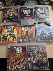 Sony PlayStation 3 Guitar Hero & Rock Band Game Lot with PS3 Guitar Drum Dongle - Picture 1 of 19