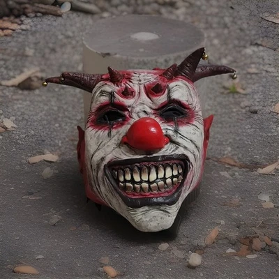 Adult "Jingle Jangle" Demon Clown Jester Full Latex Mask Devil Horns Bells Scary - Image 1 of 4