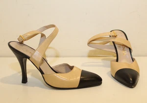 CHANEL Beige Cuero de becerro Negro Charol Tacones Correa envolvente al tobillo talla 37 - Imagen 1 de 11