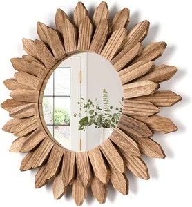 12" Rustic Wood Sunburst Wall Mirror Boho Decor Entryway Bedroom Black - Picture 1 of 4