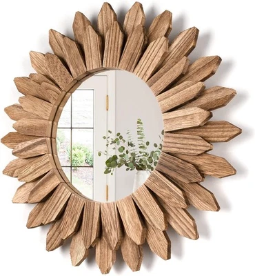 12" Rustic Wood Sunburst Wall Mirror Boho Decor Entryway Bedroom Black - Image 1 of 4