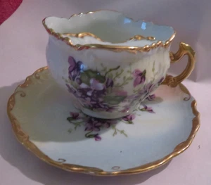 Viktorianische BRANDENBURG antike Schnurrbart Teetasse und Untertasse VEILCHEN ~ GOLDRAND - Bild 1 von 7