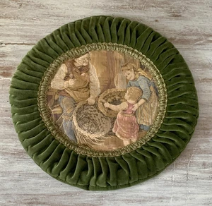 Vtg Round Brocade Tapestry Green Velvet Pintuck Throw Pillow Cover Only Germany - Picture 1 of 12