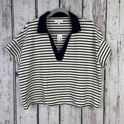 NUEVO CON ETIQUETAS Maurices Camiseta Polo Corte Recortada a Rayas Grande Calce Relajado Azul Marino Blanco Foto 1 de 4