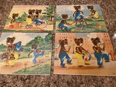 2 RARE Vtg Puzzles Brown Bear Brothers Twins Triplets Siblings Nursery Decor - Image 1 of 4