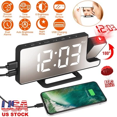 7.7 inch Projection Alarm Clock LED Digital Dual Alarms Snooze Mirror Power Bank - Image 1 of 4