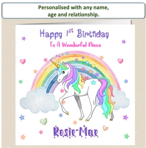 Personalised Unicorn Birthday Card granddaughter daughter niece sister UNI-3 - Picture 1 of 8