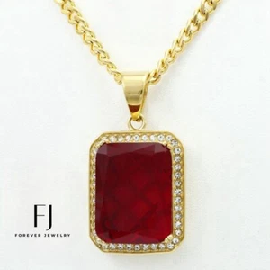 Men's 24" Stainless Steel,Red Charm Cubic Zirconia Curb Chain Gold plated*BOX - Picture 1 of 4