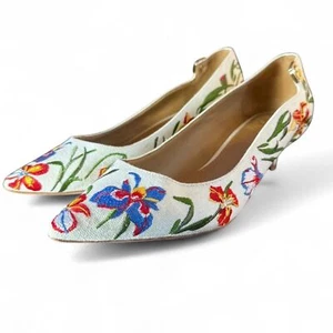 Tory Burch Elizabeth 40 white embroidered floral kitten heel pumps Size 8.5 - Picture 1 of 8