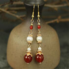 Beautiful 6-12mm Red Agate Gemstone Pearl Earrings Hook Charming Earlobe