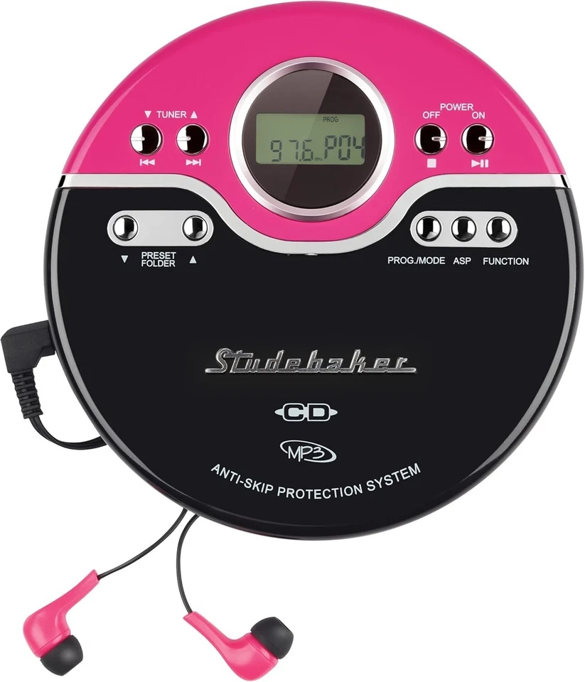 Studebaker Pink Retro Portable CD Player | CD-R/RW MP3 Playback | Programmable