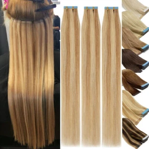 Tape in Hair Extensions Real Remy Human Hair Invisible Skin Wefts Colored Hair - Picture 1 of 129