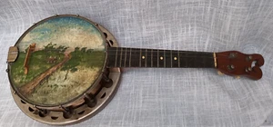 vtg Globe 4 string Uke Banjo w Scenic Oil Painting 1920's needs strings etc - Picture 1 of 11