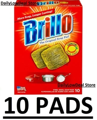10 PADS -Brillo Steel Wool Scouring Soap Pad Lemon Scent Pots Pans Grills Dishes - Image 1 of 4