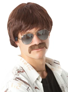 70's (Sonny Bono, Ron Burgundy, Ken, Kel Knight) Brown Mod Costume Wig & Mous... - Picture 1 of 1