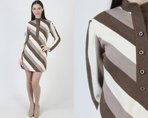 Vintage 60s Leslie Fay Scooter Dress Diagonal Striped Earth Tone Mod Micro Mini - Picture 1 of 7