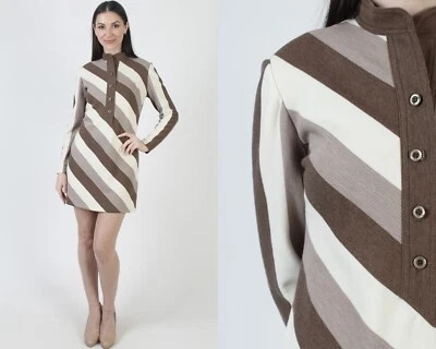 Vintage 60s Leslie Fay Scooter Dress Diagonal Striped Earth Tone Mod Micro Mini - Image 1 of 4