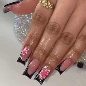 24Pcs Hibiscus Flowers Press on Nails Medium Square Shaped Fake Nails with Bl... - Picture 1 of 7