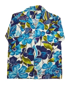 Vintage 70’s Hawaiian Shirt Blue Hibiscus Floral Men’s Medium Made in Hawaii - Picture 1 of 6