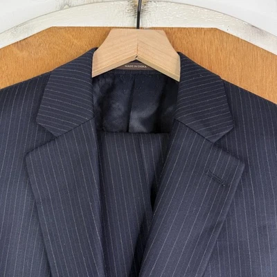 Terno masculino Tasso Elba 38S listra azul marinho 2 botões 100% lã punho 34x28 - Imagem 1 de 4