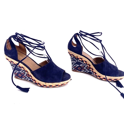 CABI Isla Espadrille Wedge Sandal Navy Blue Suede Ankle Tie Aztec Print - Imagem 1 de 4