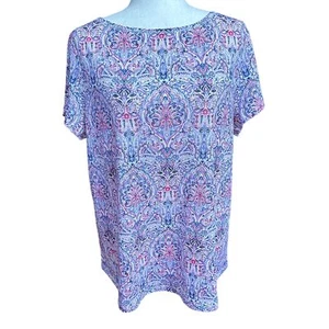 Camicia J. Jill donna L nuova con etichetta 100% lino viola rosa paisley manica corta - Foto 1 di 15