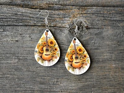 Floral Earrings, Guitar Sunflower Wood Tear Drop Dangle Printed Earrings Jewelry - Image 1 of 2