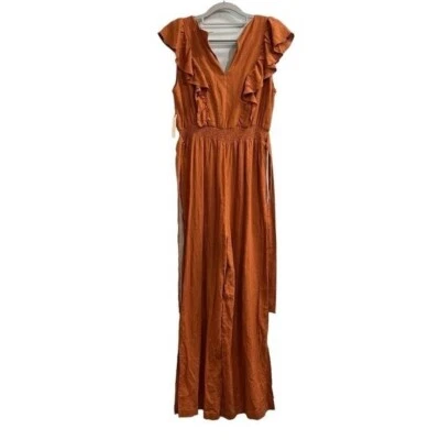 Anthropologie Jumpsuit Womens S Brown Linen Blend Wide Leg Ruffle Boho Beach - Image 1 of 4