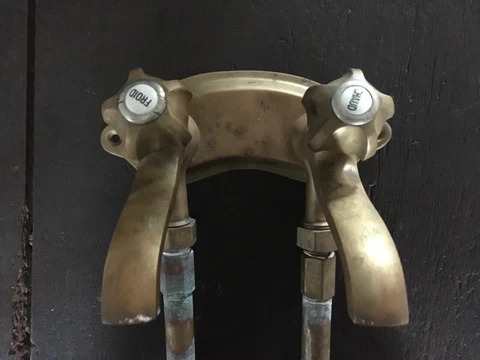 Antique French Brass Bathroom Wall Tub Faucet  Double Chaud Froid Porcelain Top Cover