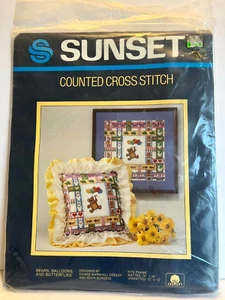 Globos DE COLECCIÓN SUNSET Bears Mariposas Contado Punto de Cruz 1983 NUEVO - Imagen 1 de 3