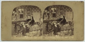 Stéréo 1860-70. Le mauvais ménage. Mari battu par sa femme avec un chandelier. - Picture 1 of 3