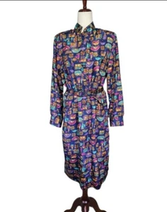 Vintage Petites By Willi Size 16 Midi Dress Silky Long Sleeve Retro Colorful - Picture 1 of 11
