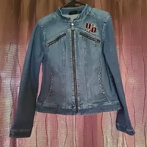 Giacca Jean Donna Harley-Davidson Ricamata E Borchie Blu L Leggermente Usata - Foto 1 di 11