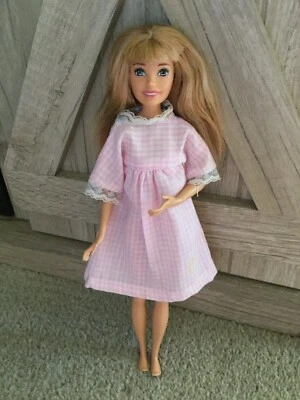 Skipper Barbie Doll Dress Primitive Style Light Pink White Color Gingham Lace - Image 1 of 4