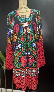 MSK womens dress XL boho floral tribal colorful artsy stretchy bell sleeve - Picture 1 of 6