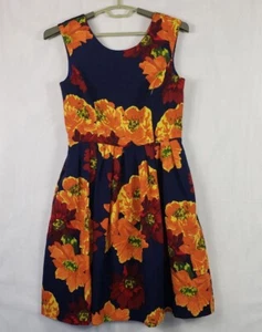 Ellen Tracy Dress Womens 8 Sleeveless Navy & Orange A-Line Floral Pockets - Picture 1 of 12