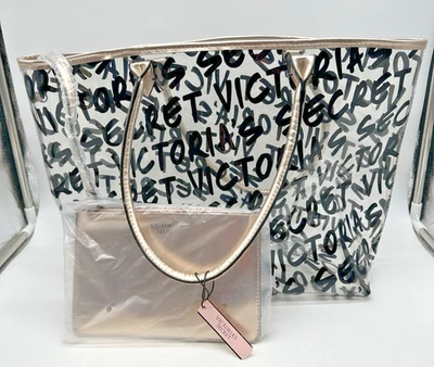 Victorias Secret Clear Graffiti Large Tote Bag & Pouch Gold Handles NEW - Image 1 of 4