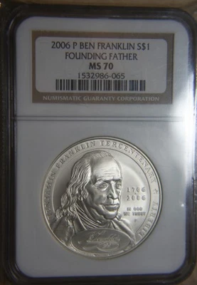 2006 Ben Franklin Founding Father Silver Dollar Commemorative NGC M70 - Image 1 of 2
