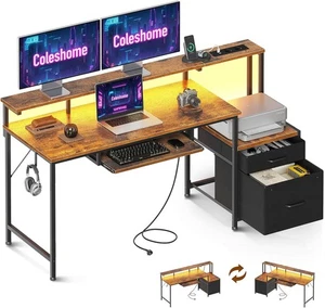 Coleshome Gaming Tisch LED 140x48cm mit 2 Steckdosen & 2 USB Anschlüssen, Braun - Picture 1 of 8