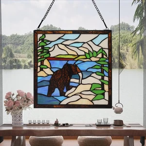 Stained Glass Window Hanging 12" Square Tiffany Animal Style Brown Bears Sunc... - Picture 1 of 8
